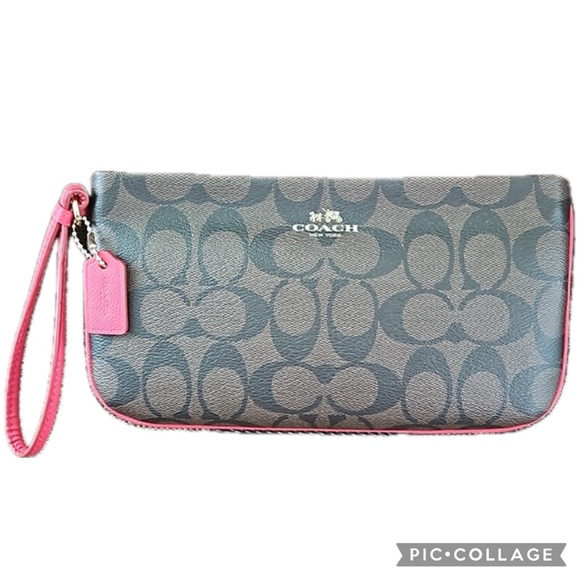 Coach Signature C Coated Canvas & Leather Large Zip Wristlet In Brown & Fuchsia - Picture 12 of 13